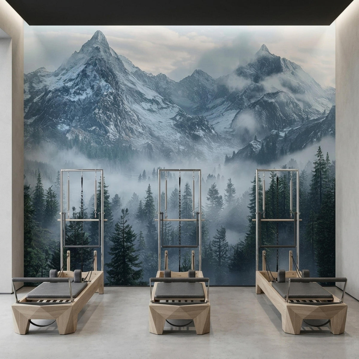 Three pilates reformer machines are arranged in a room with a panoramic misty mountain forest wall mural.