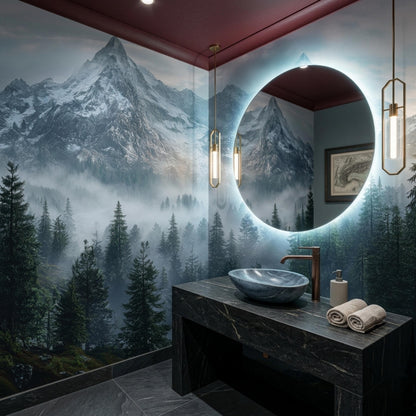 A modern bathroom features a dark marble vanity, a backlit circular mirror, and a misty forest mountain mural wall.