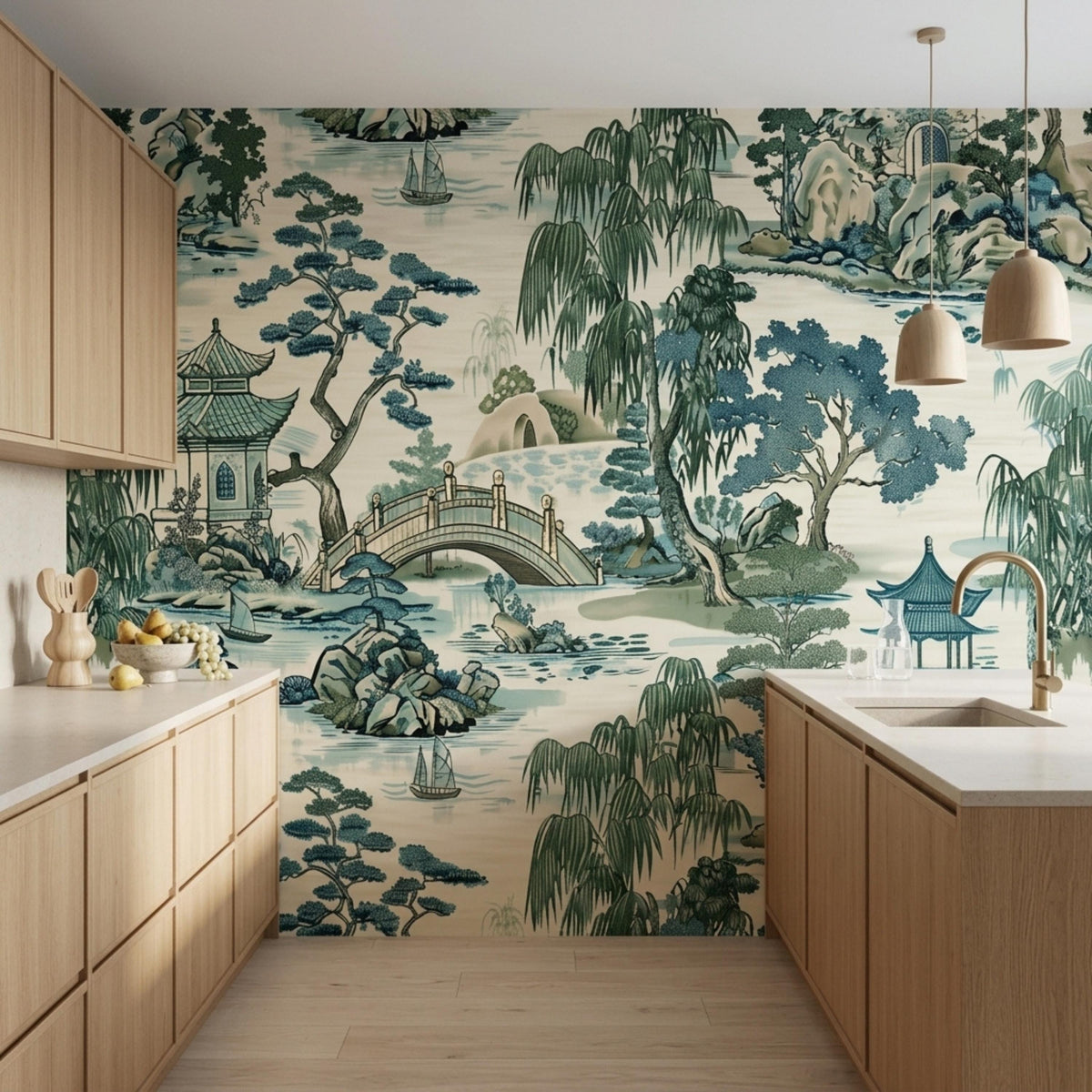 A kitchen with light wood cabinetry and countertops against a green Chinese landscape wallpaper.