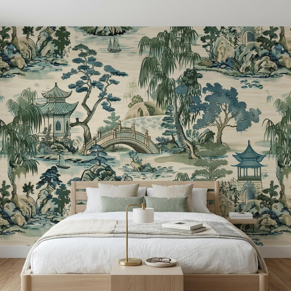 A bedroom featuring a wooden bed frame against a large-scale Asian landscape accent wall.