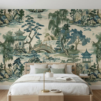 A bedroom featuring a wooden bed frame against a large-scale Asian landscape accent wall.