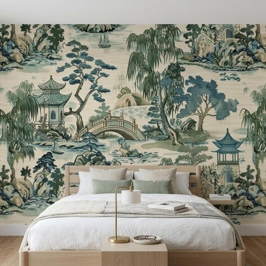 A bedroom featuring a wooden bed frame against a large-scale Asian landscape accent wall.
