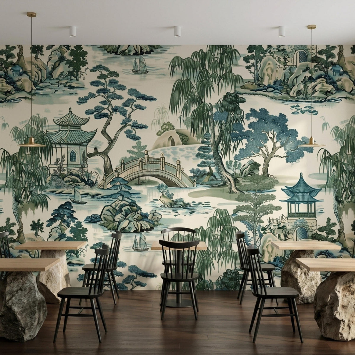 A restaurant interior with wooden tables and chairs set against a detailed nature wall mural.