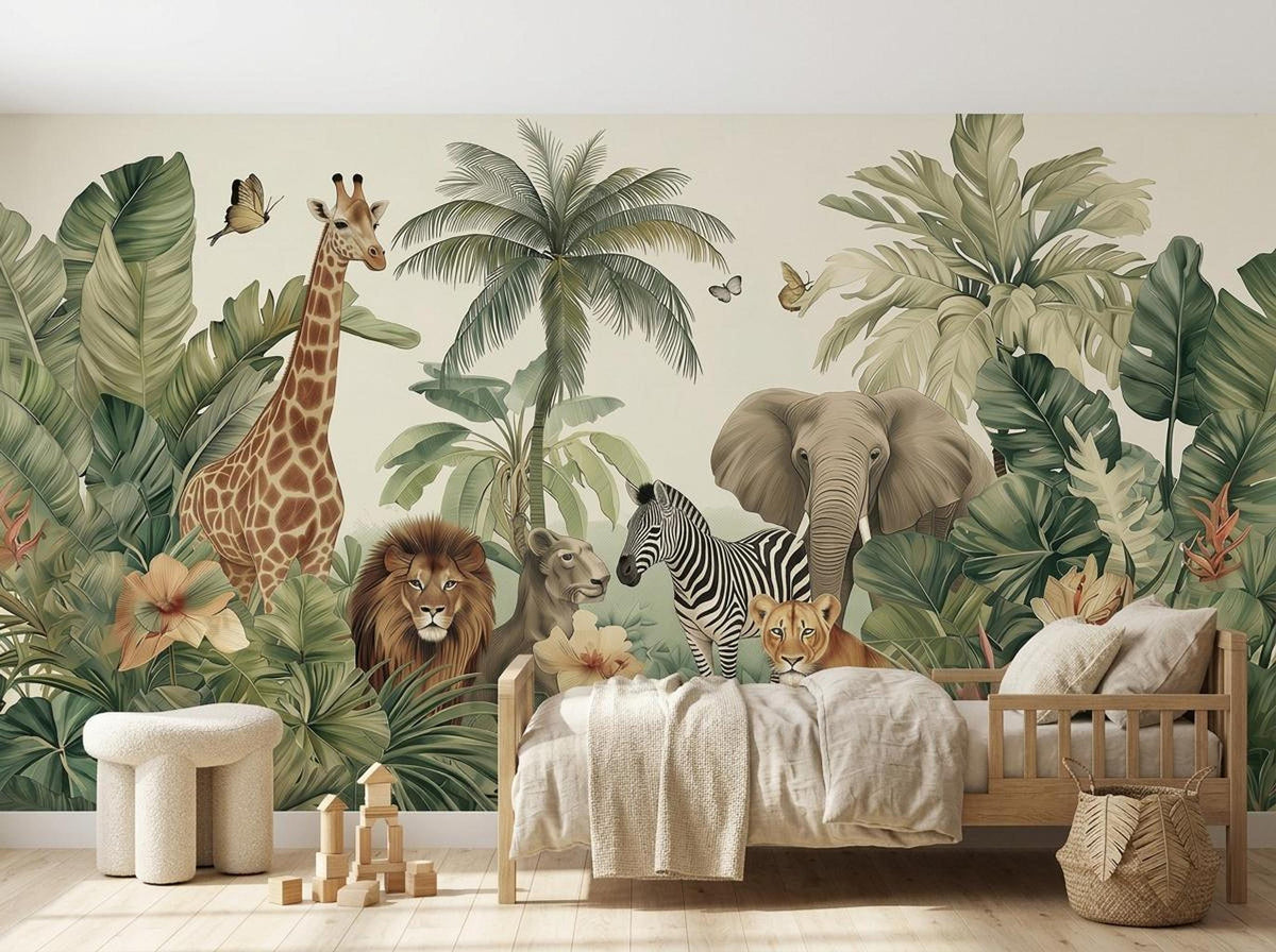 A child's bedroom features a wooden bed against a safari jungle animal wallpaper mural.