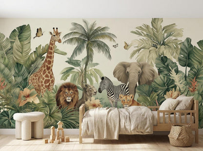 A child's bedroom features a wooden bed against a safari jungle animal wallpaper mural.