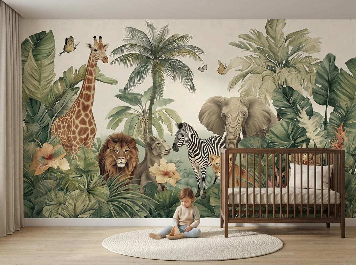 A toddler sits on a round rug in a nursery with safari animal wallpaper and a wooden crib.