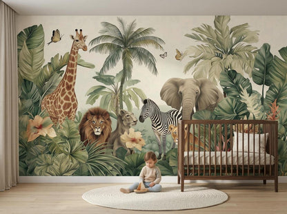 A toddler sits on a round rug in a nursery with safari animal wallpaper and a wooden crib.