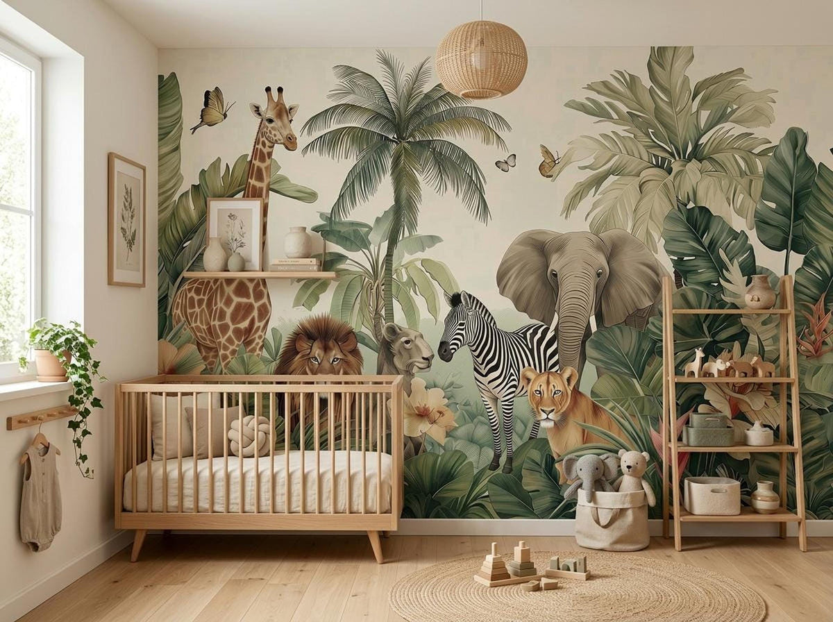 A nursery with a wooden crib, bookshelf, and safari jungle animal mural on the wall.