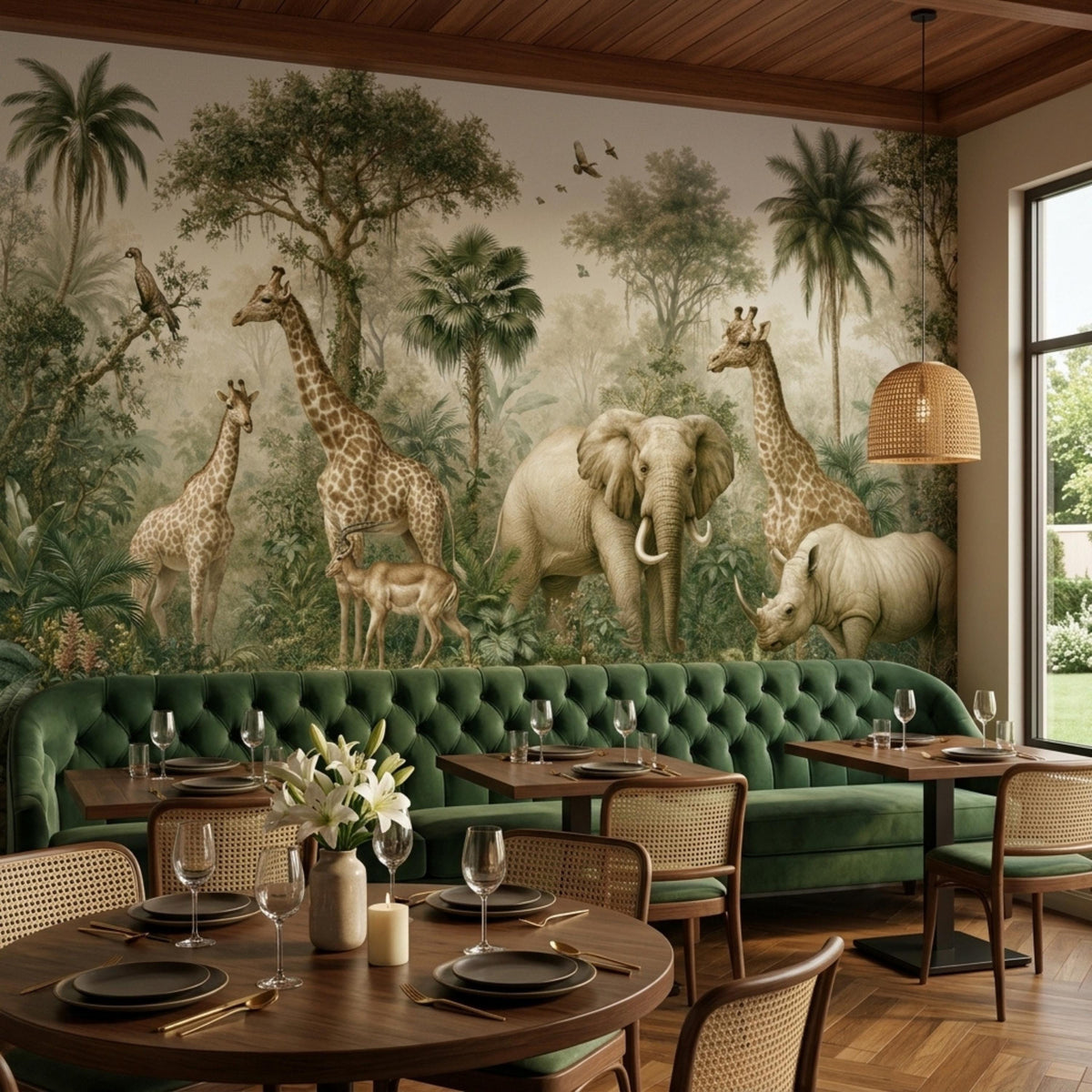 A restaurant dining room features a wall mural of a vintage jungle scene with giraffes, an elephant, and a rhinoceros behind a green velvet banquette.