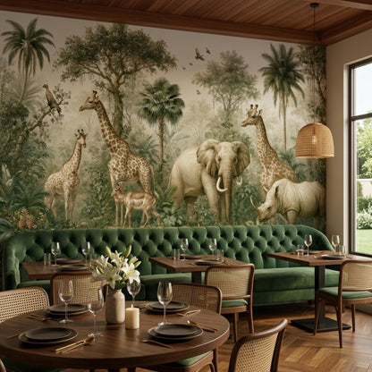 A restaurant dining room features a wall mural of a vintage jungle scene with giraffes, an elephant, and a rhinoceros behind a green velvet banquette.