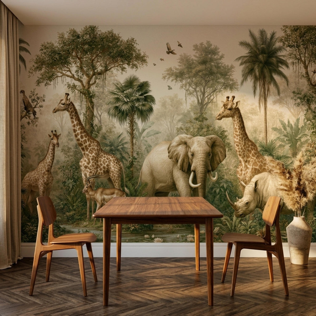 A dining space displays a wooden table in front of a large vintage jungle wallpaper mural populated with hand-drawn style wild animals.