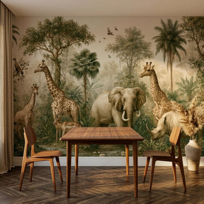 A dining space displays a wooden table in front of a large vintage jungle wallpaper mural populated with hand-drawn style wild animals.