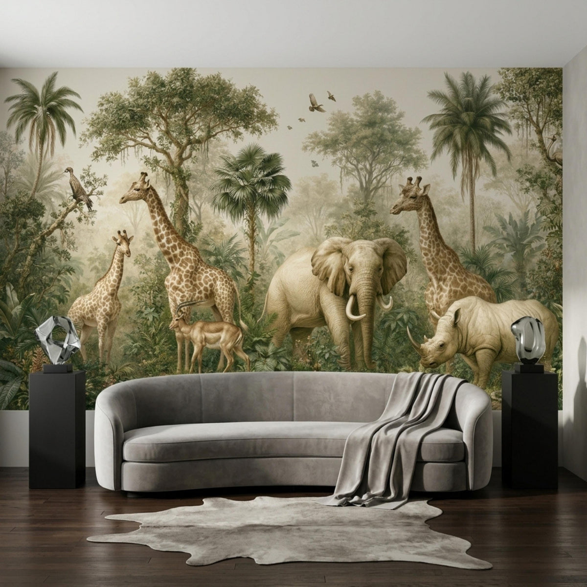 A grey curved sofa and a dark wood table sit against a botanical safari wallpaper mural featuring wild jungle animals.