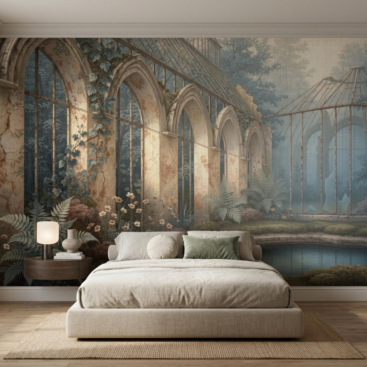 A vintage greenhouse mural is installed on a wall behind a beige platform bed with neutral bedding and a lit bedside table.