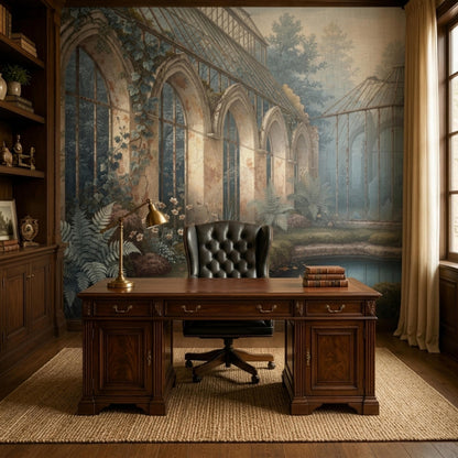 A vintage conservatory wall mural decorates a wall behind a large wooden desk with a gold lamp and a black leather tufted chair.