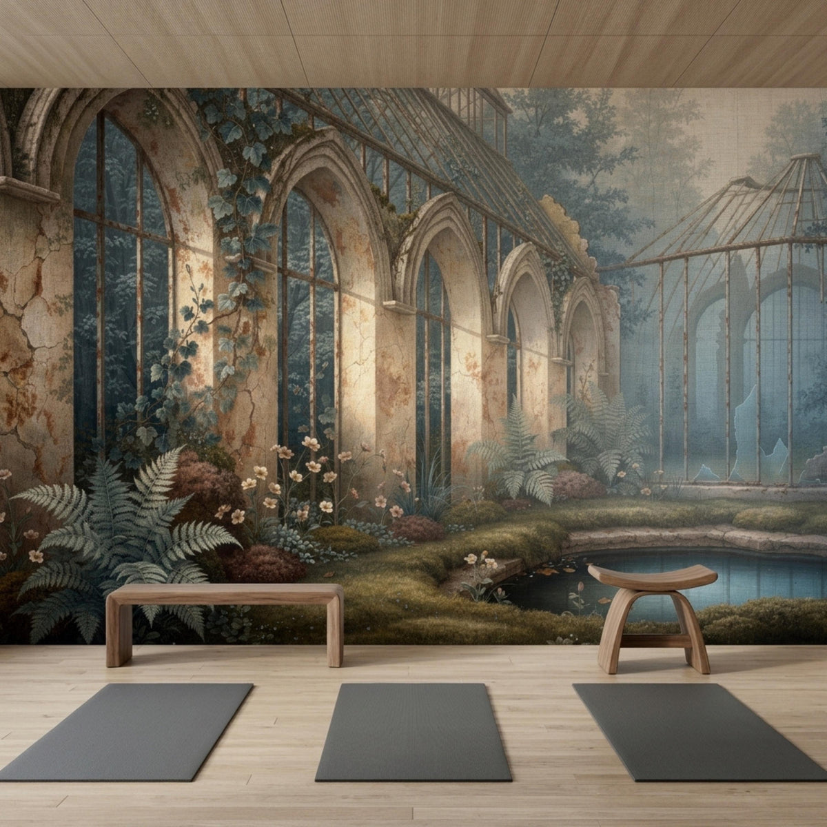 A stone arch greenhouse wall mural provides a scenic backdrop for three gray yoga mats, a low wooden bench, and a small stool on a wood floor.
