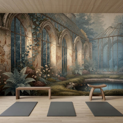 A stone arch greenhouse wall mural provides a scenic backdrop for three gray yoga mats, a low wooden bench, and a small stool on a wood floor.