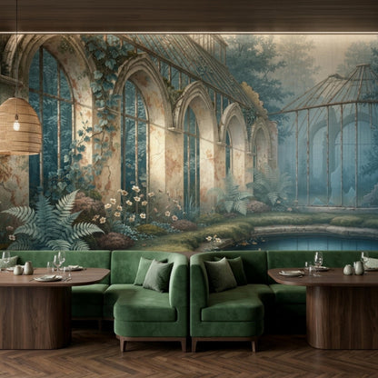 A whimsical garden wall mural is displayed behind green velvet booths and wooden tables set with plates and glasses.