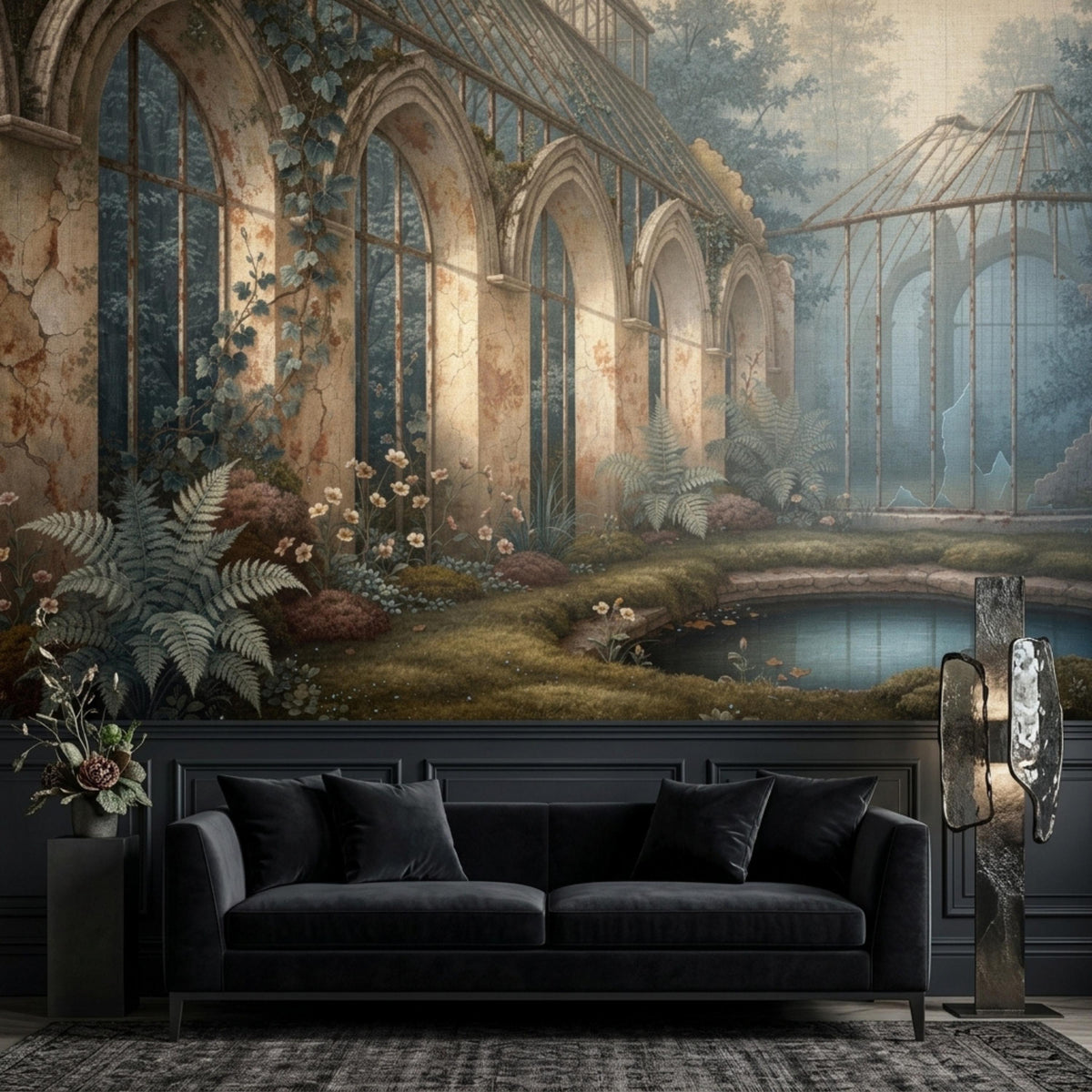 A large wall mural featuring a moody vintage greenhouse scene with stone arches and a pond is installed above a dark velvet sofa in a living room.