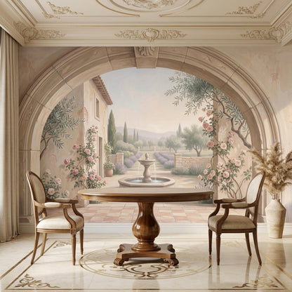 A dining table and two armchairs are positioned in front of a wall mural featuring an Italian courtyard scene with an arched stone frame.
