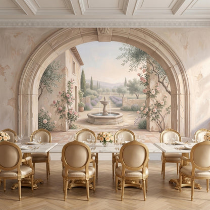 Two dining tables with chairs are set up in a spacious room showcasing a scenic wall mural of a Mediterranean courtyard and fountain.