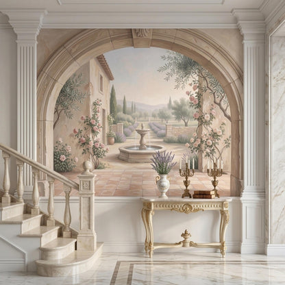 A marble staircase leads past an ornate console table and a large mural depicting an arched Tuscan garden scene.