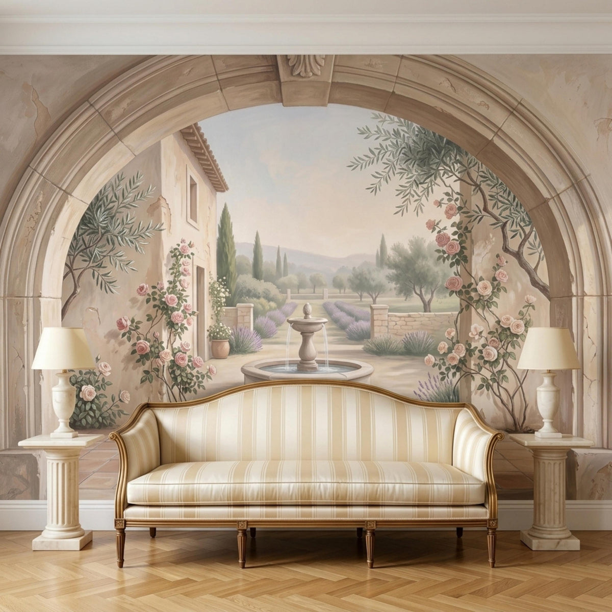 A striped upholstered sofa with two lamps on small pillars sits against a wall covered by a scenic Tuscan garden mural inside an arch.