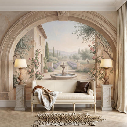 A living room features a large trompe l'oeil wall mural of a Tuscan garden framed by a stone archway, with a cream sofa and animal print rug in front.