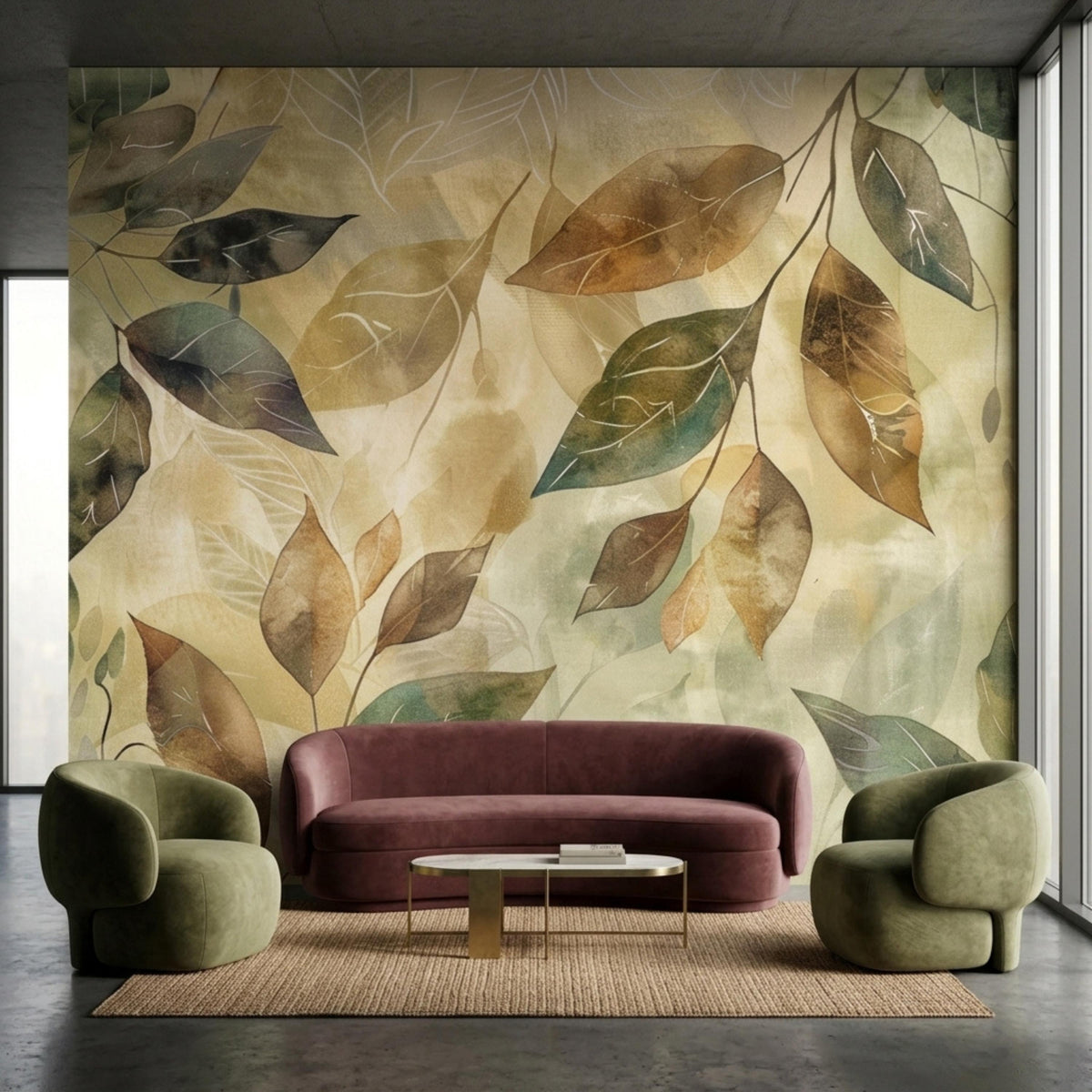 A living room interior features a large-scale botanical watercolor leaf wallpaper mural, a mauve velvet sofa, two olive green armchairs, a rug, and a coffee table.