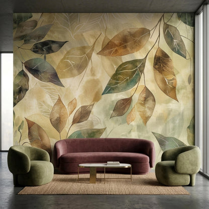 A living room interior features a large-scale botanical watercolor leaf wallpaper mural, a mauve velvet sofa, two olive green armchairs, a rug, and a coffee table.