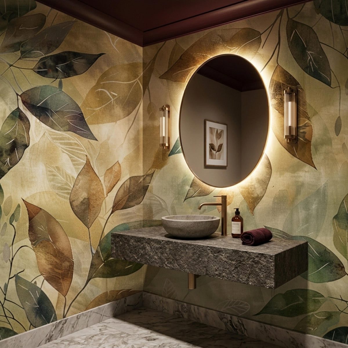 A bathroom features a floating stone sink vanity, a round backlit mirror, and a wall covered in botanical watercolor leaf wallpaper.