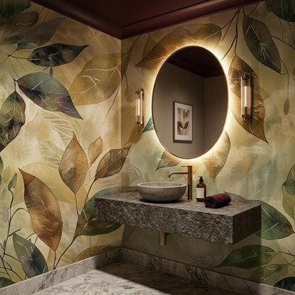 A bathroom features a floating stone sink vanity, a round backlit mirror, and a wall covered in botanical watercolor leaf wallpaper.