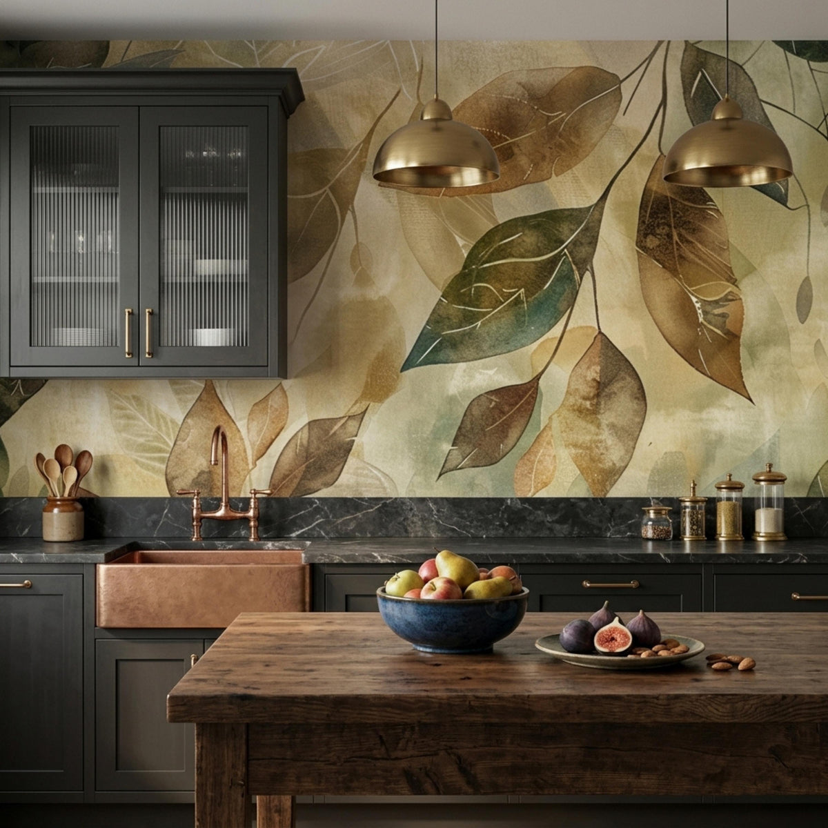 A kitchen features dark gray cabinets, a copper sink with a copper faucet, a wooden island with fruit, and a botanical watercolor leaf mural on the back wall.