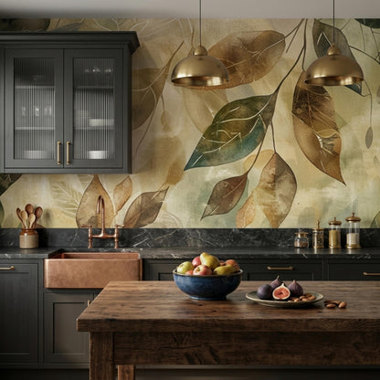 A kitchen features dark gray cabinets, a copper sink with a copper faucet, a wooden island with fruit, and a botanical watercolor leaf mural on the back wall.