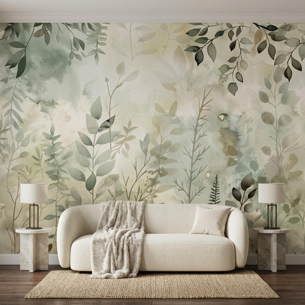 A living room with a white sofa in front of a botanical watercolor wall mural featuring sage green leaves and plants.