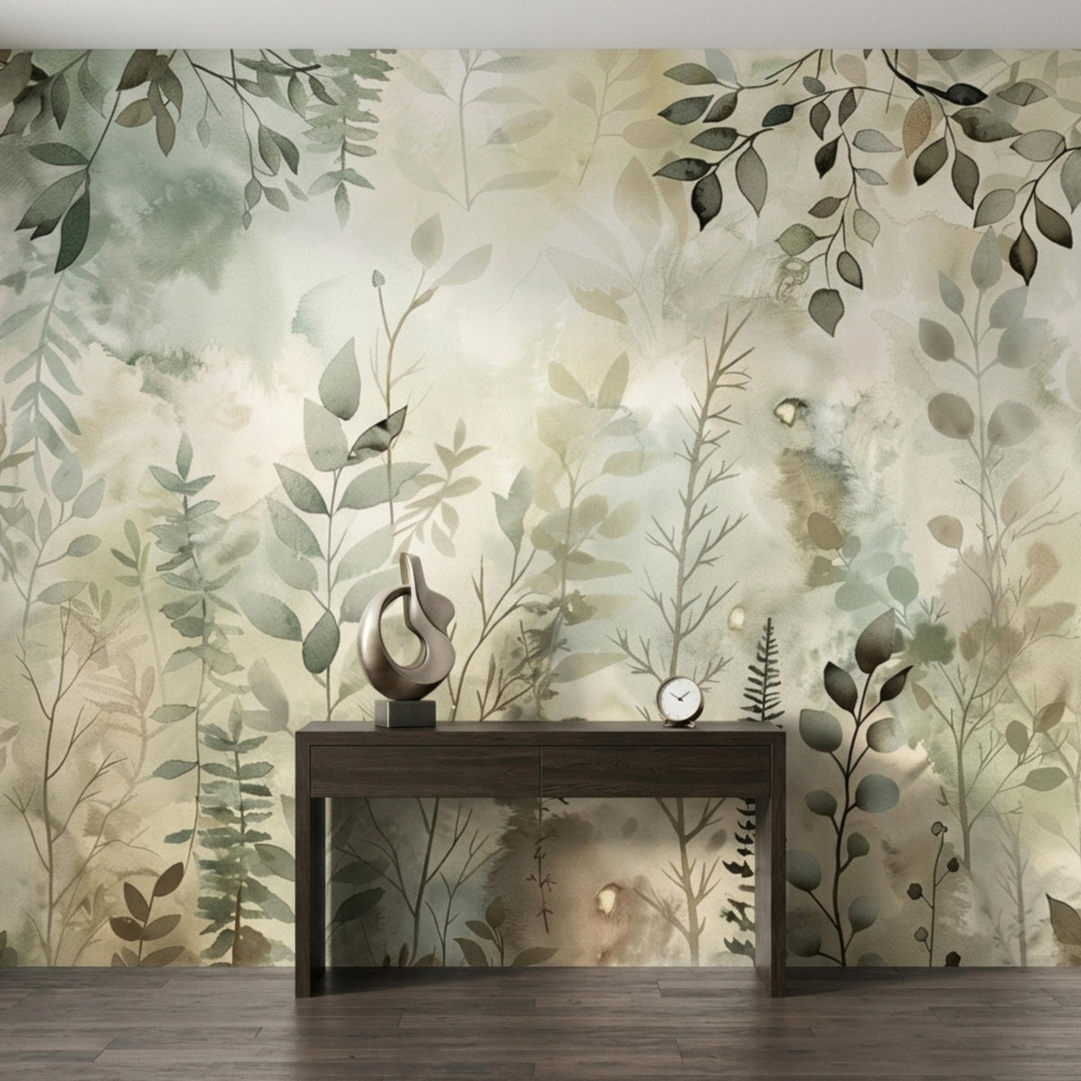 A dark wooden console table sits against a botanical watercolor wall mural with sage green leaves and earthy tones.