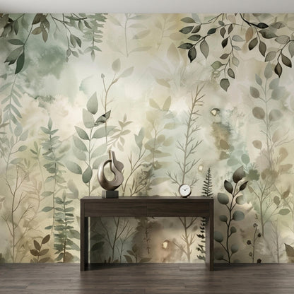A dark wooden console table sits against a botanical watercolor wall mural with sage green leaves and earthy tones.