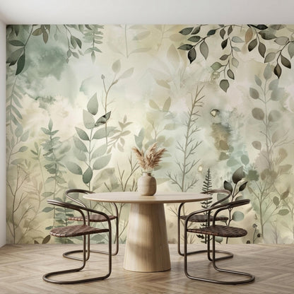 A round wooden dining table and chairs are arranged in front of a large botanical watercolor wall mural with green foliage.