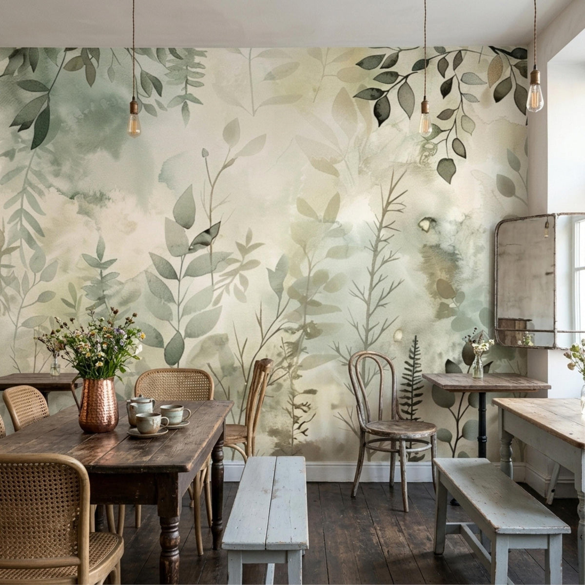 A rustic dining space with wooden tables and benches positioned against a botanical watercolor mural featuring sage green leaves.