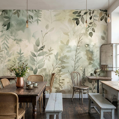 A rustic dining space with wooden tables and benches positioned against a botanical watercolor mural featuring sage green leaves.