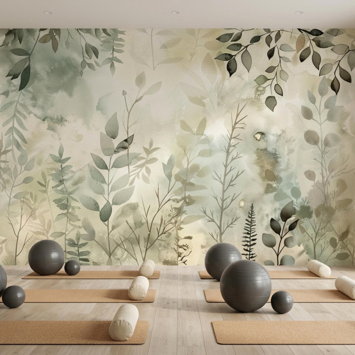 A yoga studio floor with mats, exercise balls, and foam rollers set against a sage green botanical watercolor wall mural.