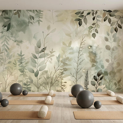 A yoga studio floor with mats, exercise balls, and foam rollers set against a sage green botanical watercolor wall mural.