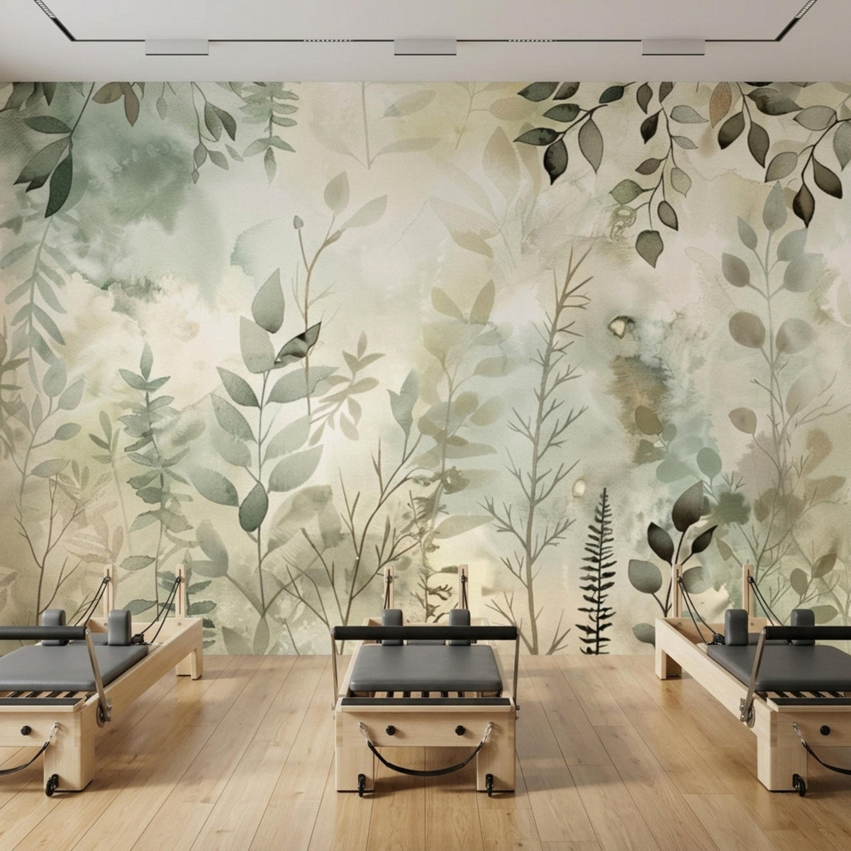 A room with wooden pilates reformer machines aligned on a hardwood floor in front of a sage green botanical wall mural.