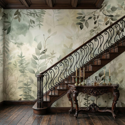 A wooden staircase with ornate iron railing stands before a botanical watercolor wall mural with sage green leaves.