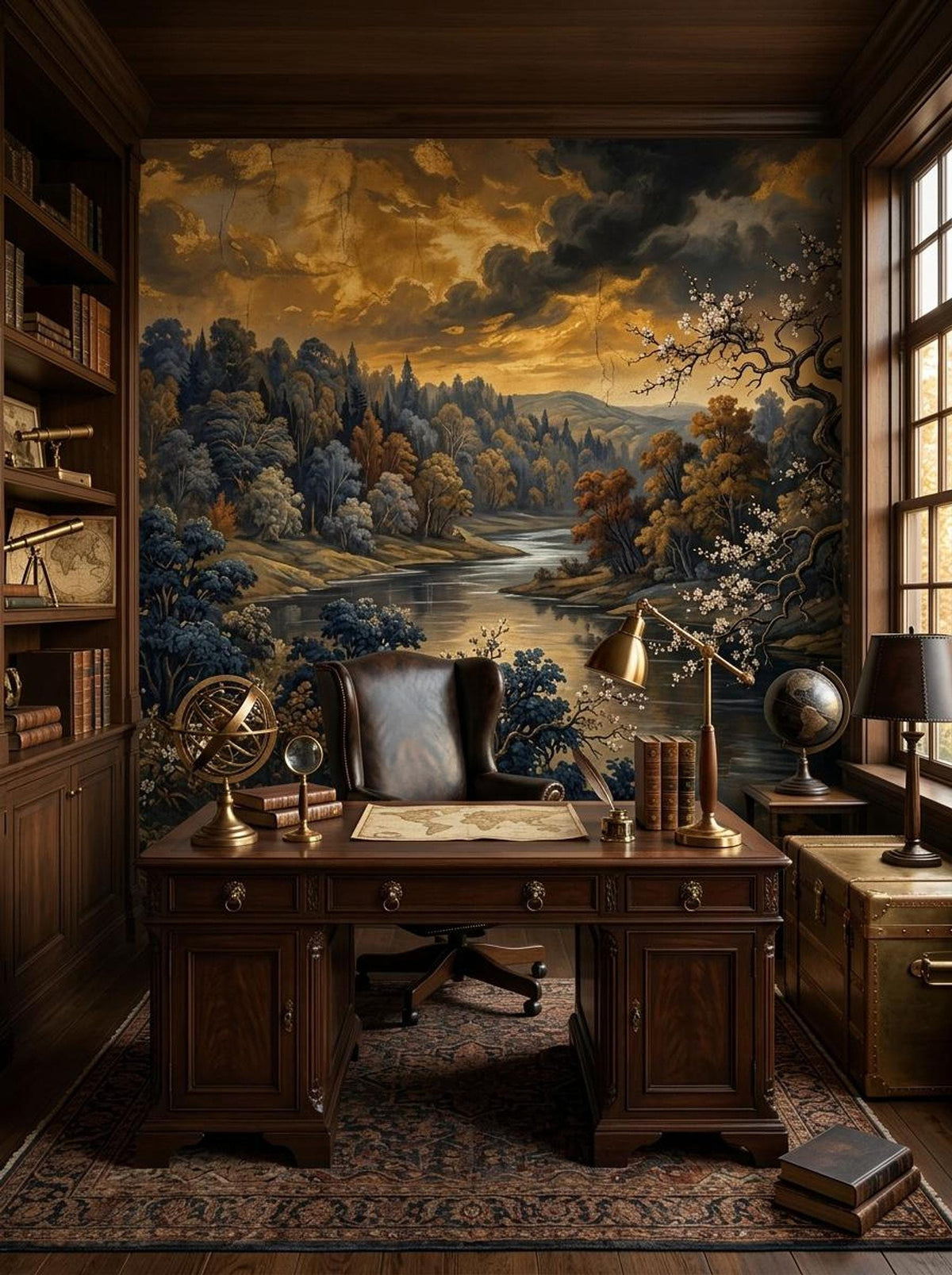 A home office features a dark wooden executive desk and leather chair positioned in front of a moody river landscape wall mural.