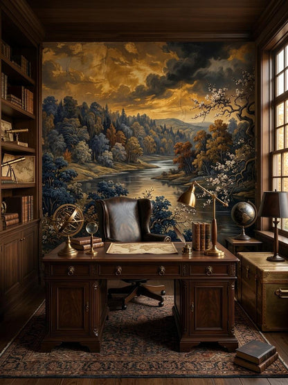 A home office features a dark wooden executive desk and leather chair positioned in front of a moody river landscape wall mural.