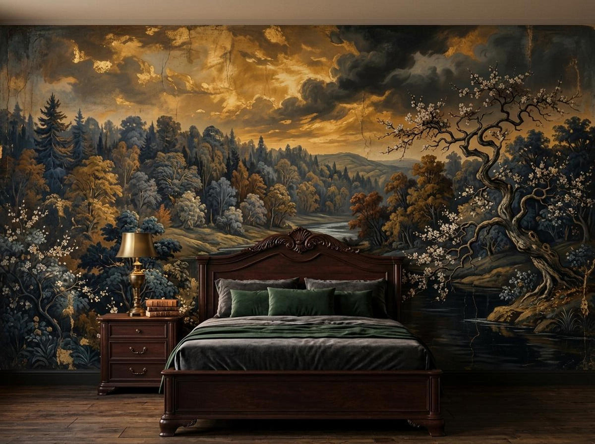 A wooden bed with green pillows and bedding is positioned against a large wall mural of a vintage river landscape with a stormy golden sky.