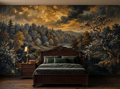 A wooden bed with green pillows and bedding is positioned against a large wall mural of a vintage river landscape with a stormy golden sky.