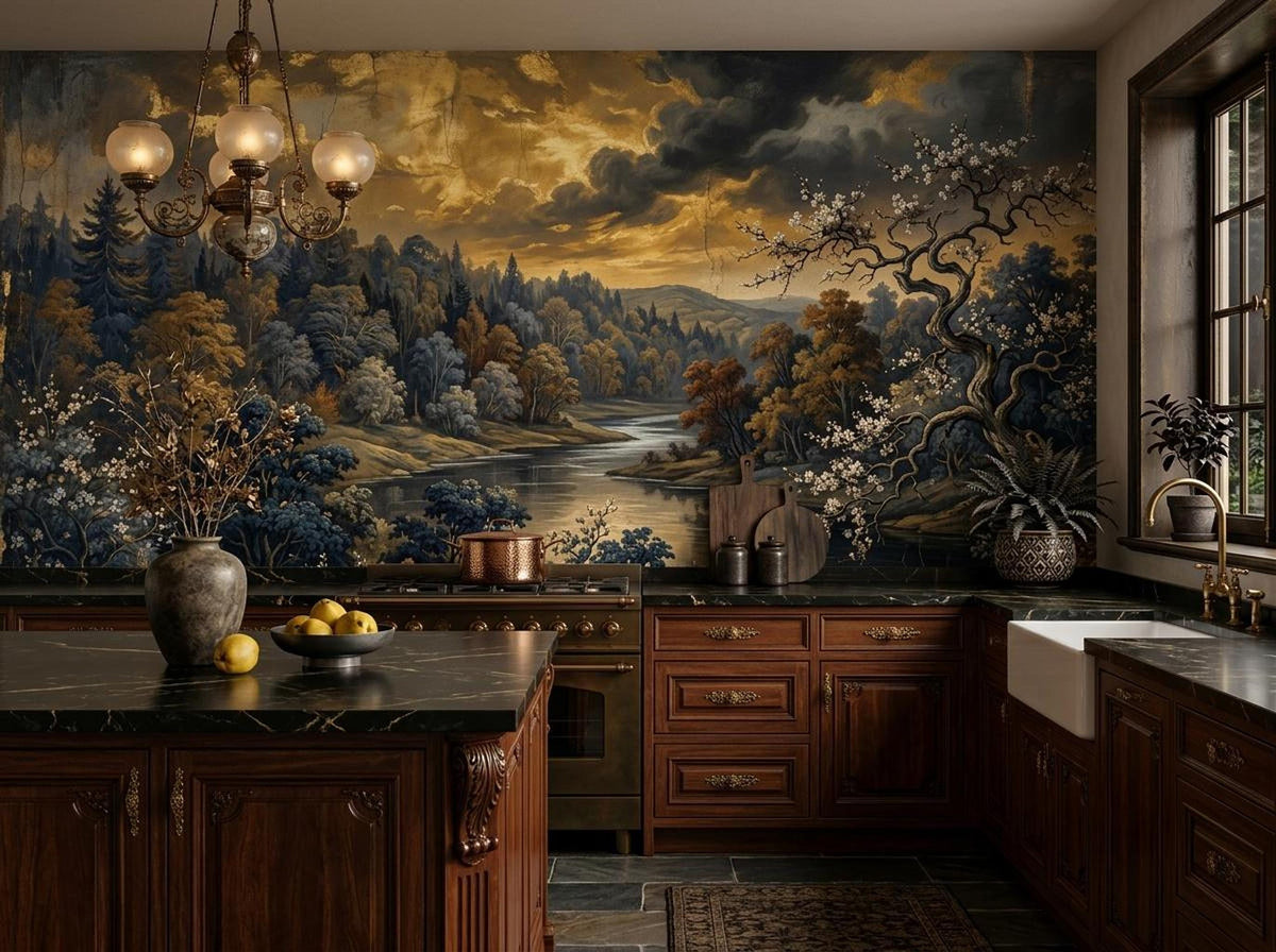 A luxury kitchen with dark wood cabinets and a black marble island is set against a large wall mural of a moody river landscape.