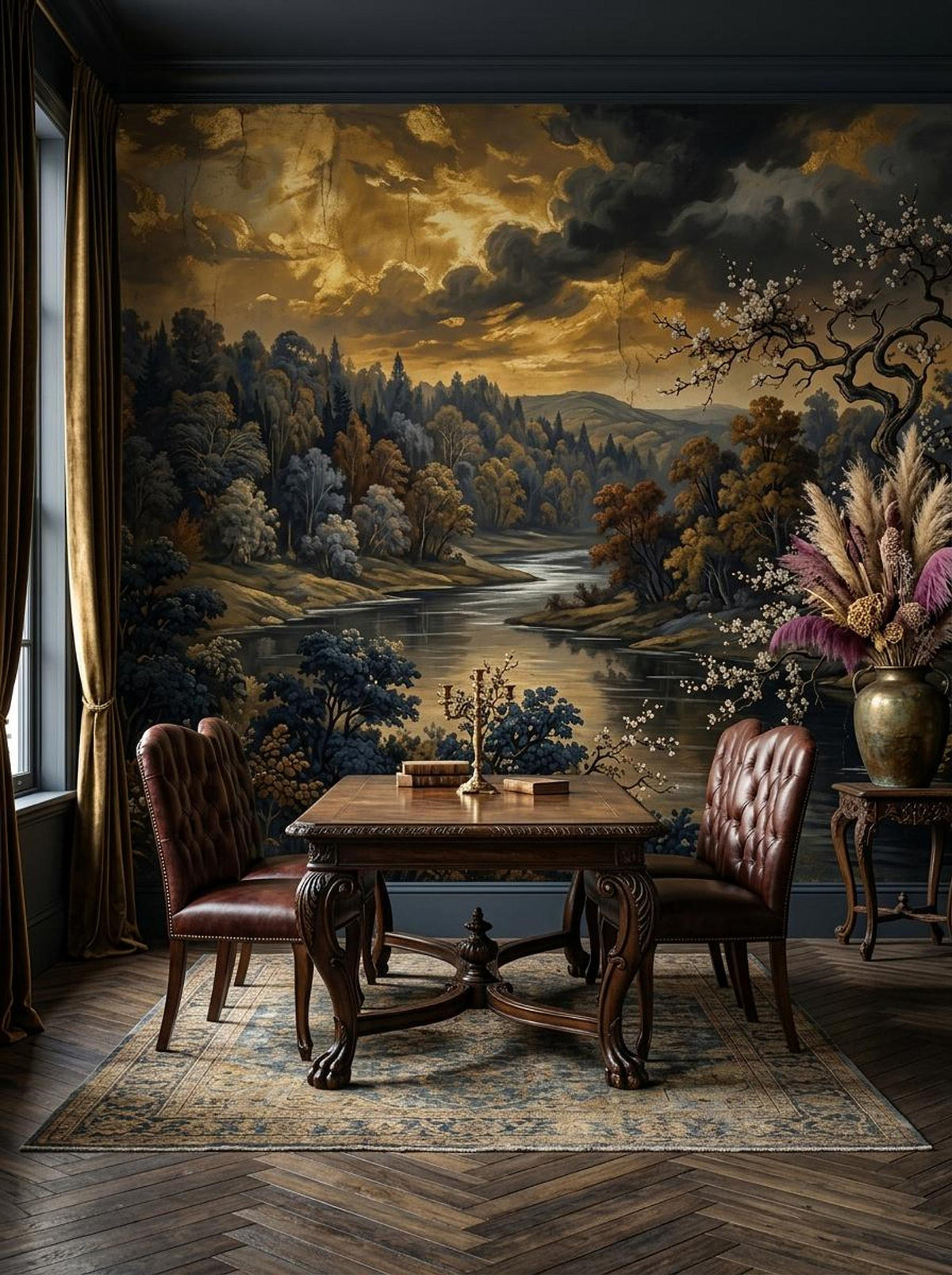 A dining table with four brown tufted chairs sits on a patterned rug in a room featuring a large vintage river landscape wall mural.
